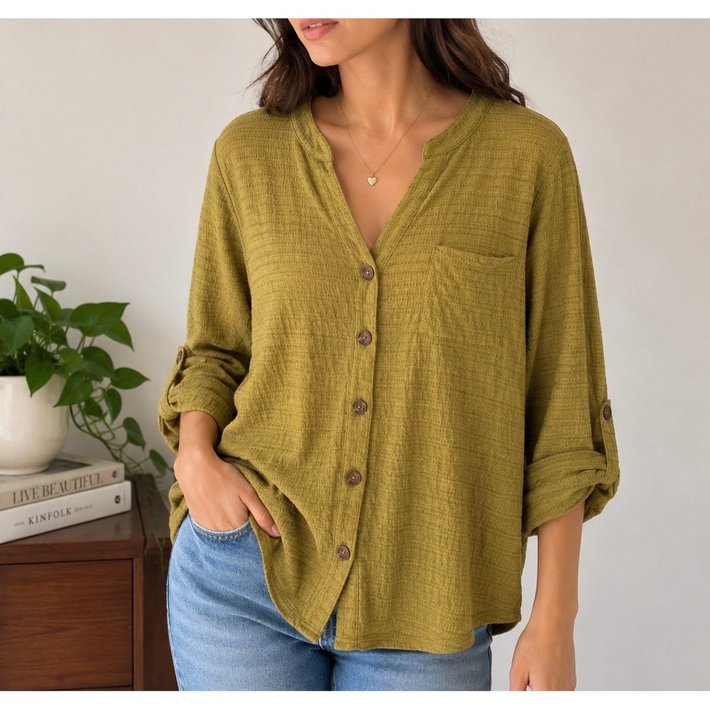 Como Blu Textured Button Front Top Large Olive Boho Lagenlook Coastal Blouse